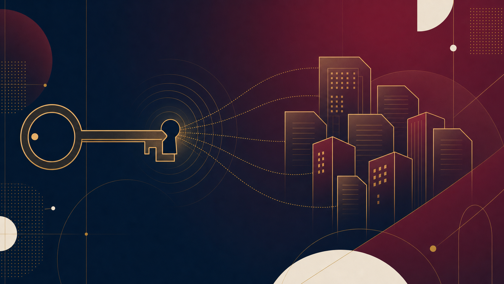 Abstract illustration of a key unlocking multiple company buildings, representing one verification code covering multiple directorships