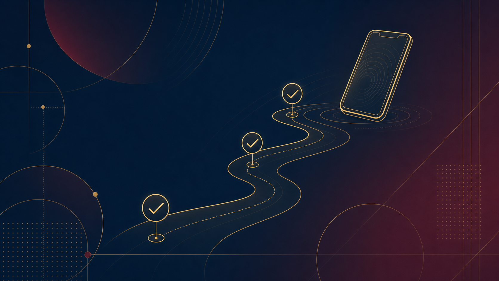 Abstract illustration of a winding path with checkpoint markers leading to a smartphone, representing the step-by-step identity verification journey